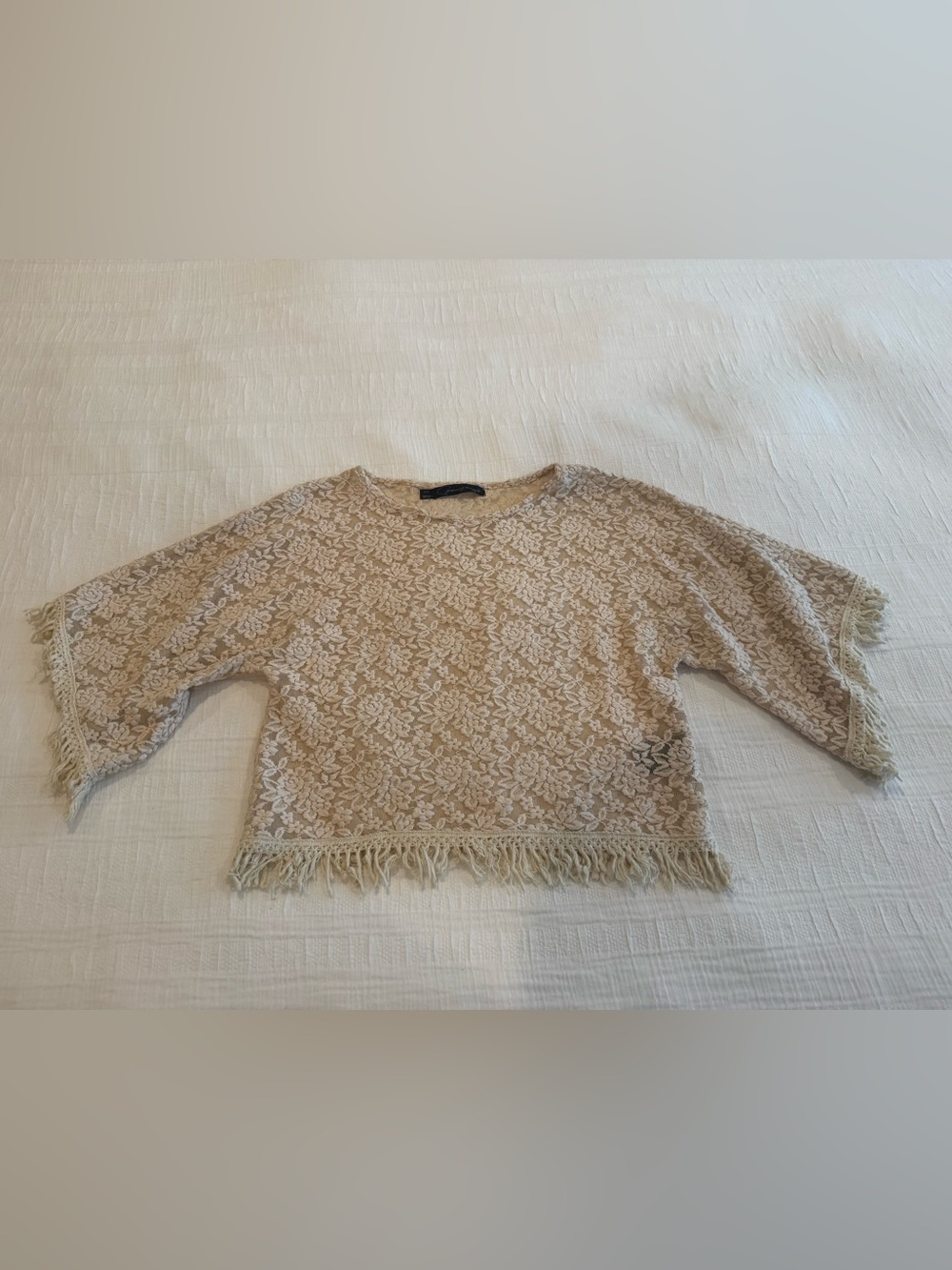 Patterson J. Kincaid Beige Lace Fringed Cropped Top